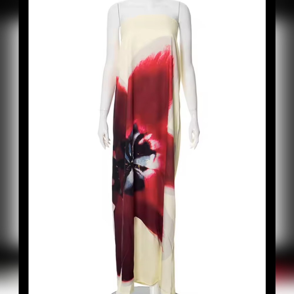 Sexy Strapless Print Floral Belt Women Maxi Dress Yellow Backless Vacation - Picture 8 of 9